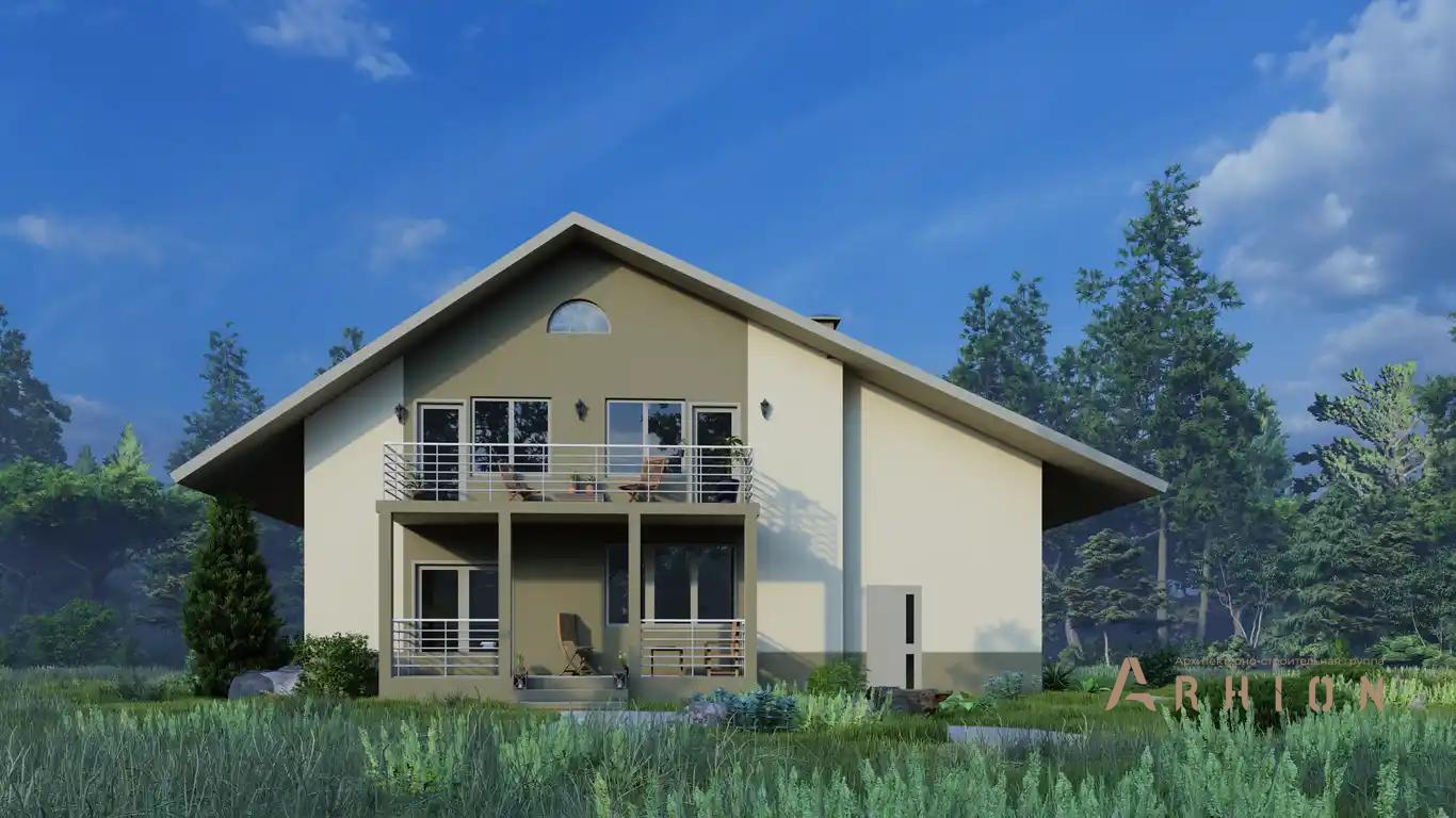 25. Проект одноэтажного дома в европейском стиле с двускатной кровлей, H-011, площадью - 279 кв c мансардой, терассой, балконом, гаражом