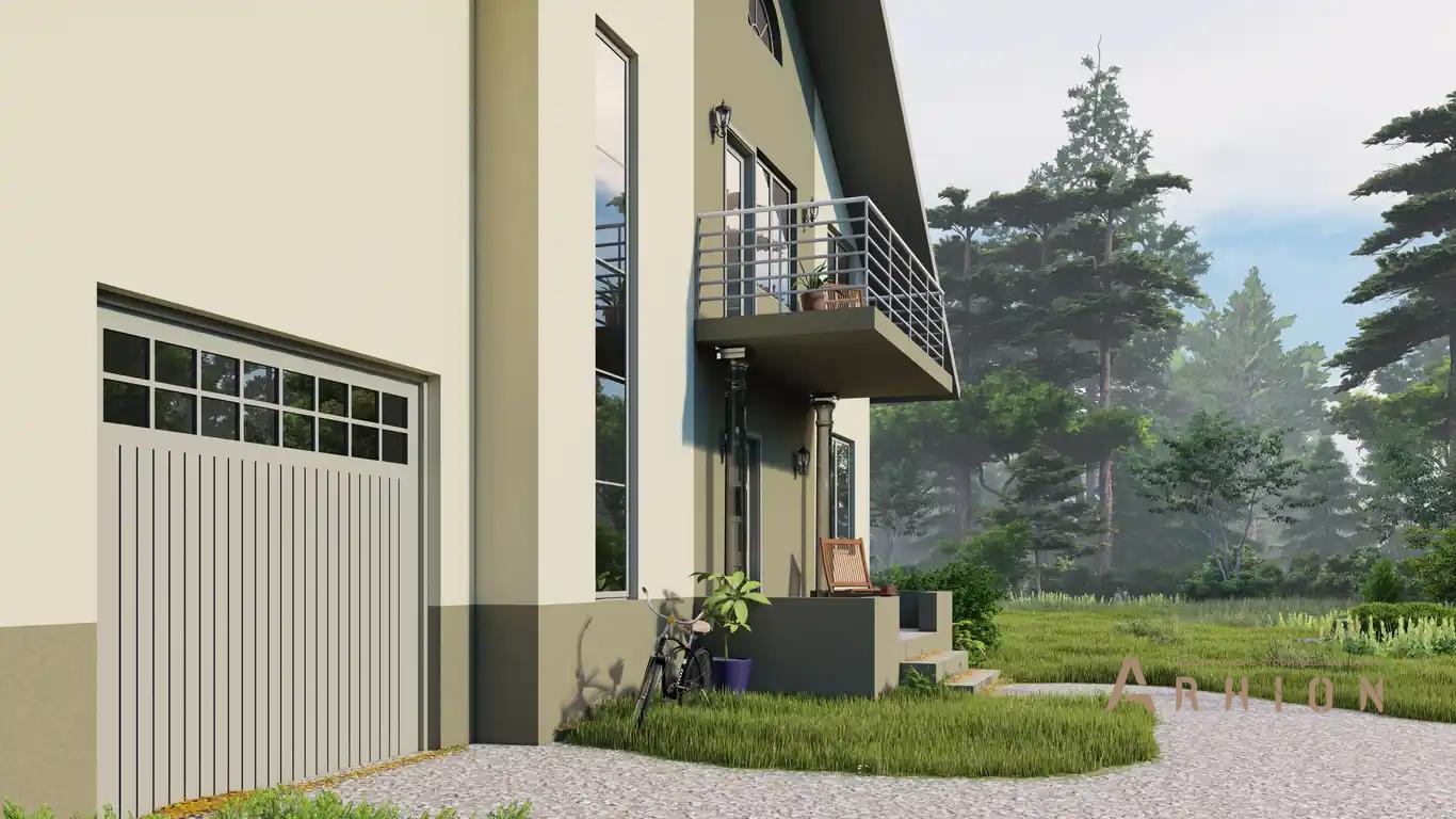 26. Проект одноэтажного дома в европейском стиле с двускатной кровлей, H-011, площадью - 279 кв c мансардой, терассой, балконом, гаражом