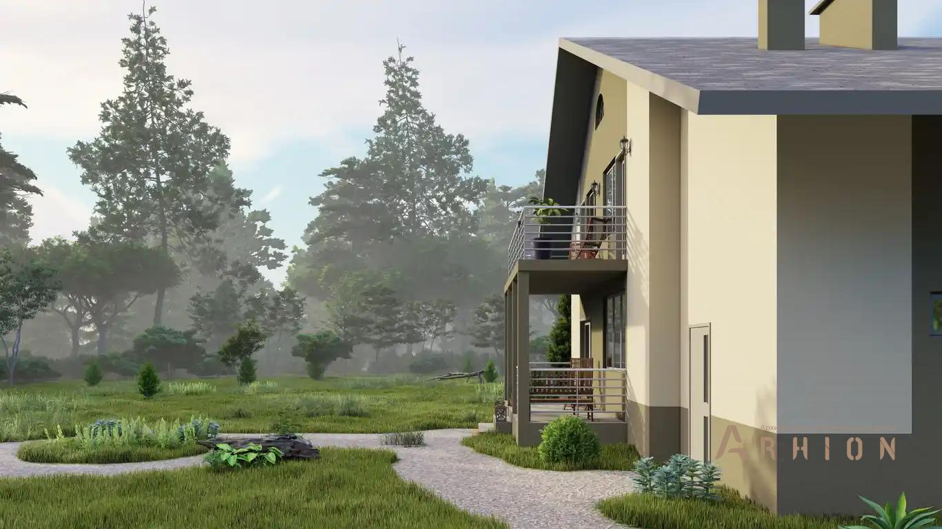 27. Проект одноэтажного дома в европейском стиле с двускатной кровлей, H-011, площадью - 279 кв c мансардой, терассой, балконом, гаражом