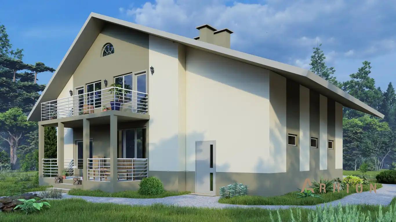 30. Проект одноэтажного дома в европейском стиле с двускатной кровлей, H-011, площадью - 279 кв c мансардой, терассой, балконом, гаражом