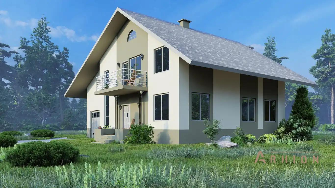 3. Проект одноэтажного дома в европейском стиле с двускатной кровлей, H-011, площадью - 279 кв c мансардой, терассой, балконом, гаражом