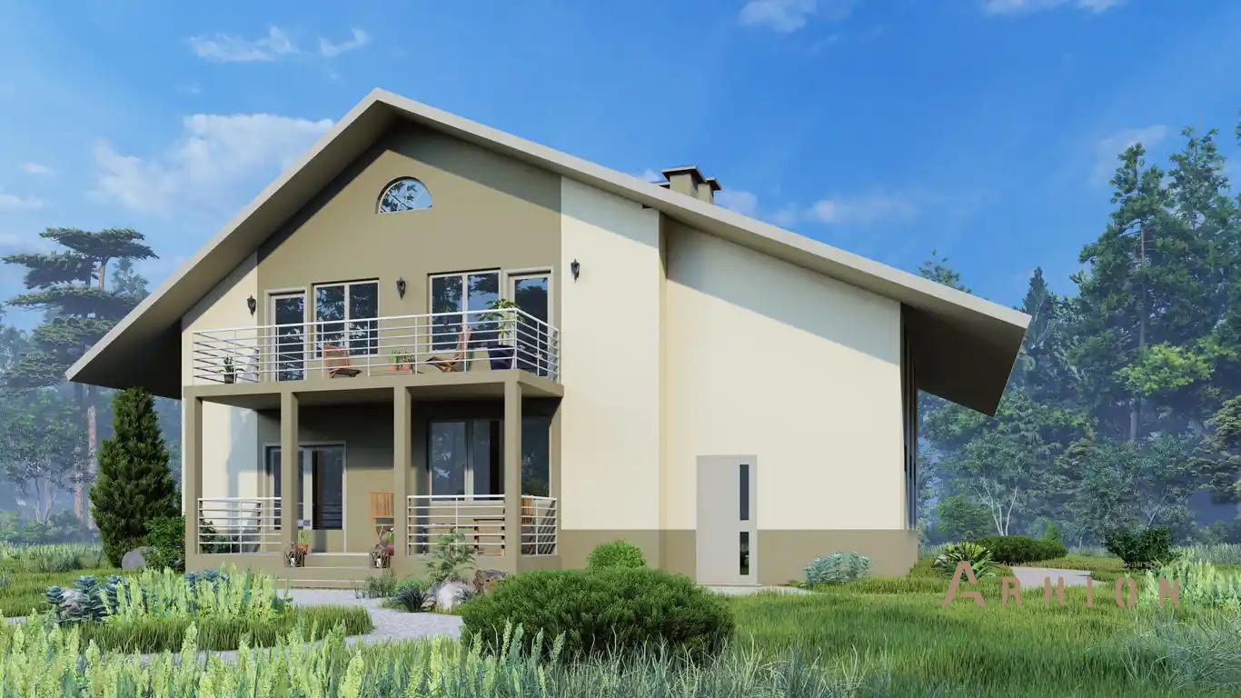 4. Проект одноэтажного дома в европейском стиле с двускатной кровлей, H-011, площадью - 279 кв c мансардой, терассой, балконом, гаражом