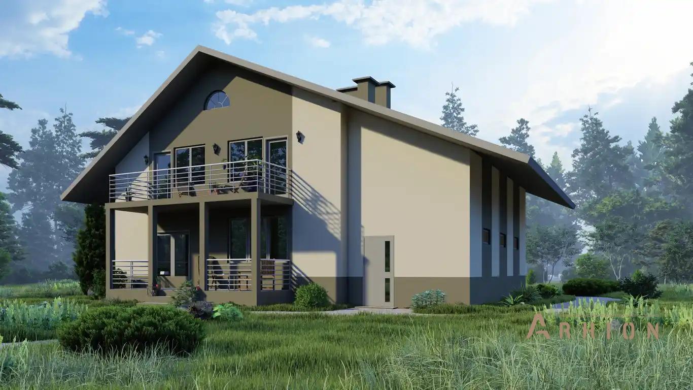 5. Проект одноэтажного дома в европейском стиле с двускатной кровлей, H-011, площадью - 279 кв c мансардой, терассой, балконом, гаражом