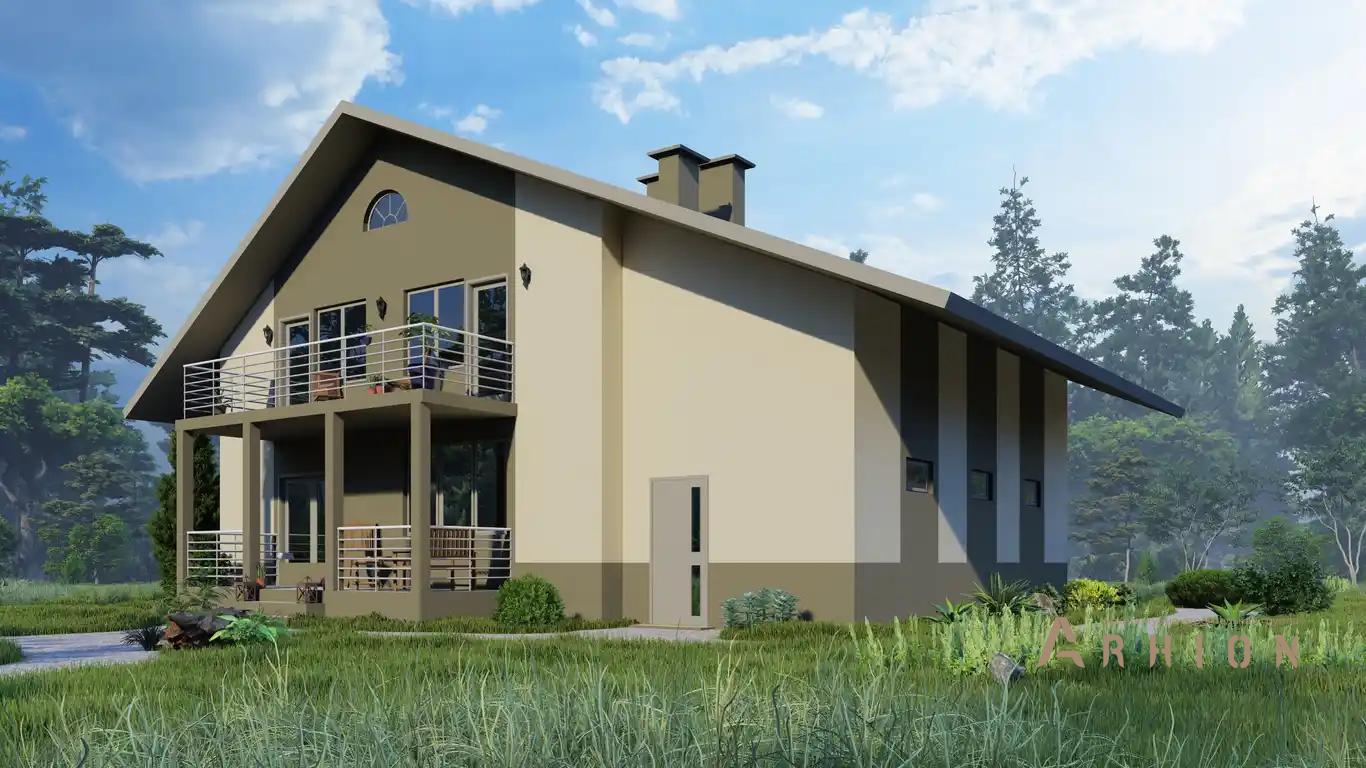 6. Проект одноэтажного дома в европейском стиле с двускатной кровлей, H-011, площадью - 279 кв c мансардой, терассой, балконом, гаражом