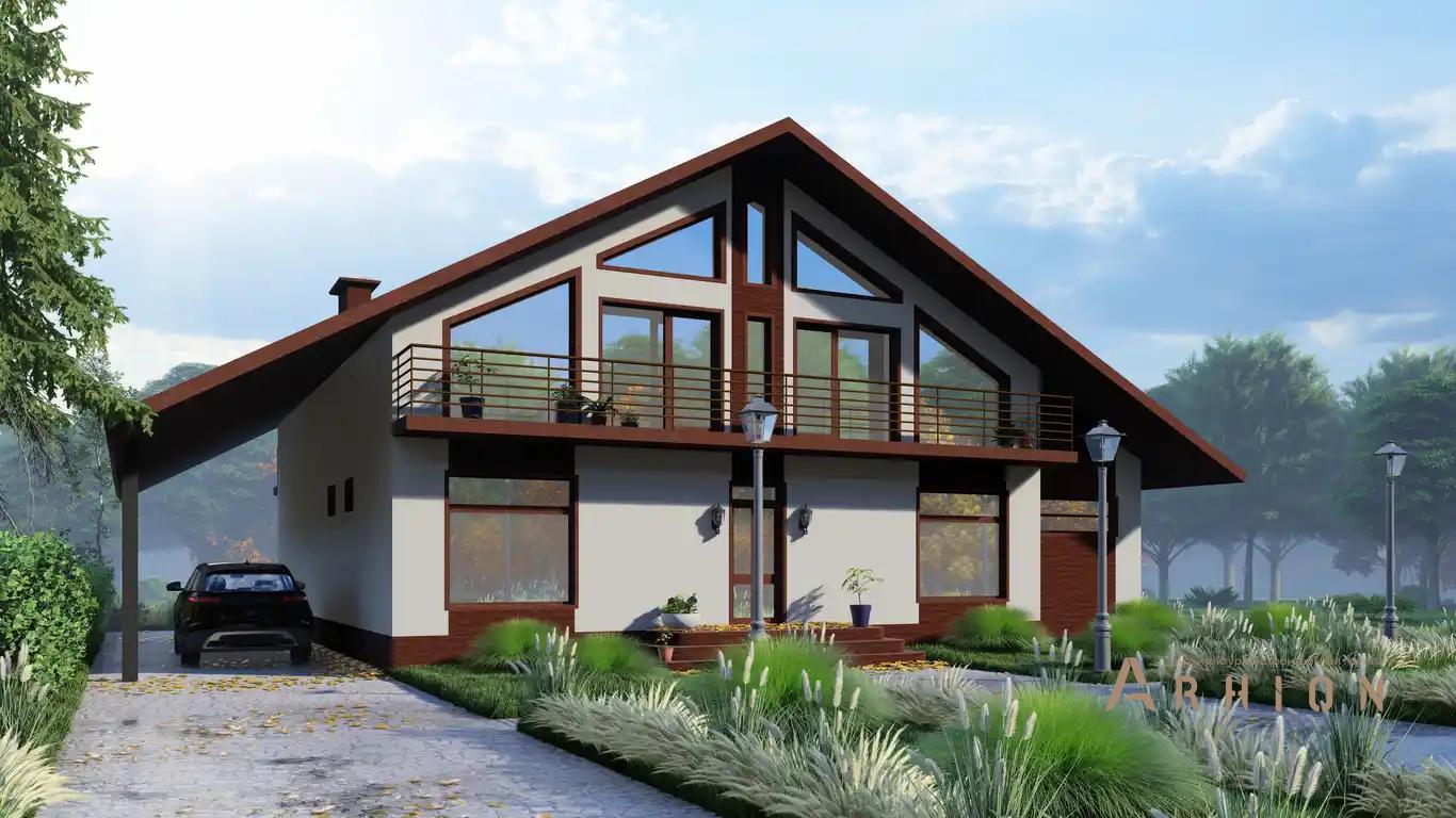 2. Проект одноэтажного дома в европейском стиле с двускатной кровлей, H-014, площадью - 317 кв c мансардой, терассой, балконом