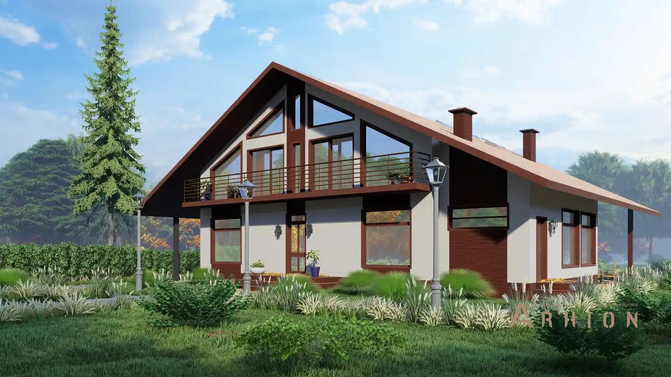 3. Проект одноэтажного дома в европейском стиле с двускатной кровлей, H-014, площадью - 317 кв c мансардой, терассой, балконом