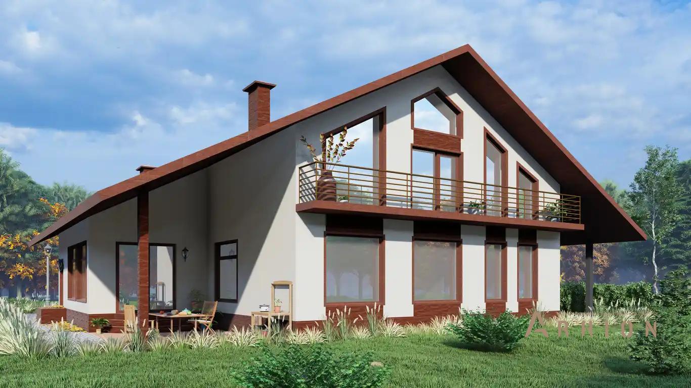 1. Проект одноэтажного дома в европейском стиле с двускатной кровлей, H-014, площадью - 317 кв c мансардой, терассой, балконом