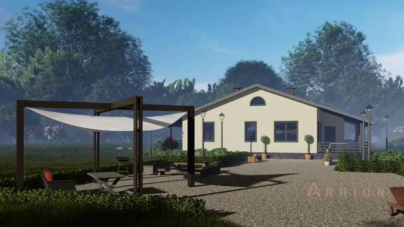 7. Проект одноэтажного дома в европейском стиле с двускатной кровлей, h-018, площадью - 204 кв c терассой