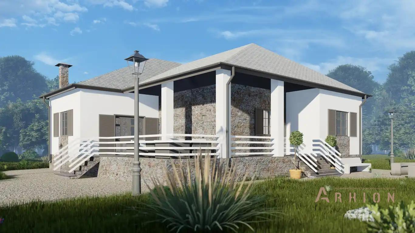 1. Проект одноэтажного дома в европейском стиле с многоскатной кровлей, h-019, площадью - 98 кв c сауной, терассой