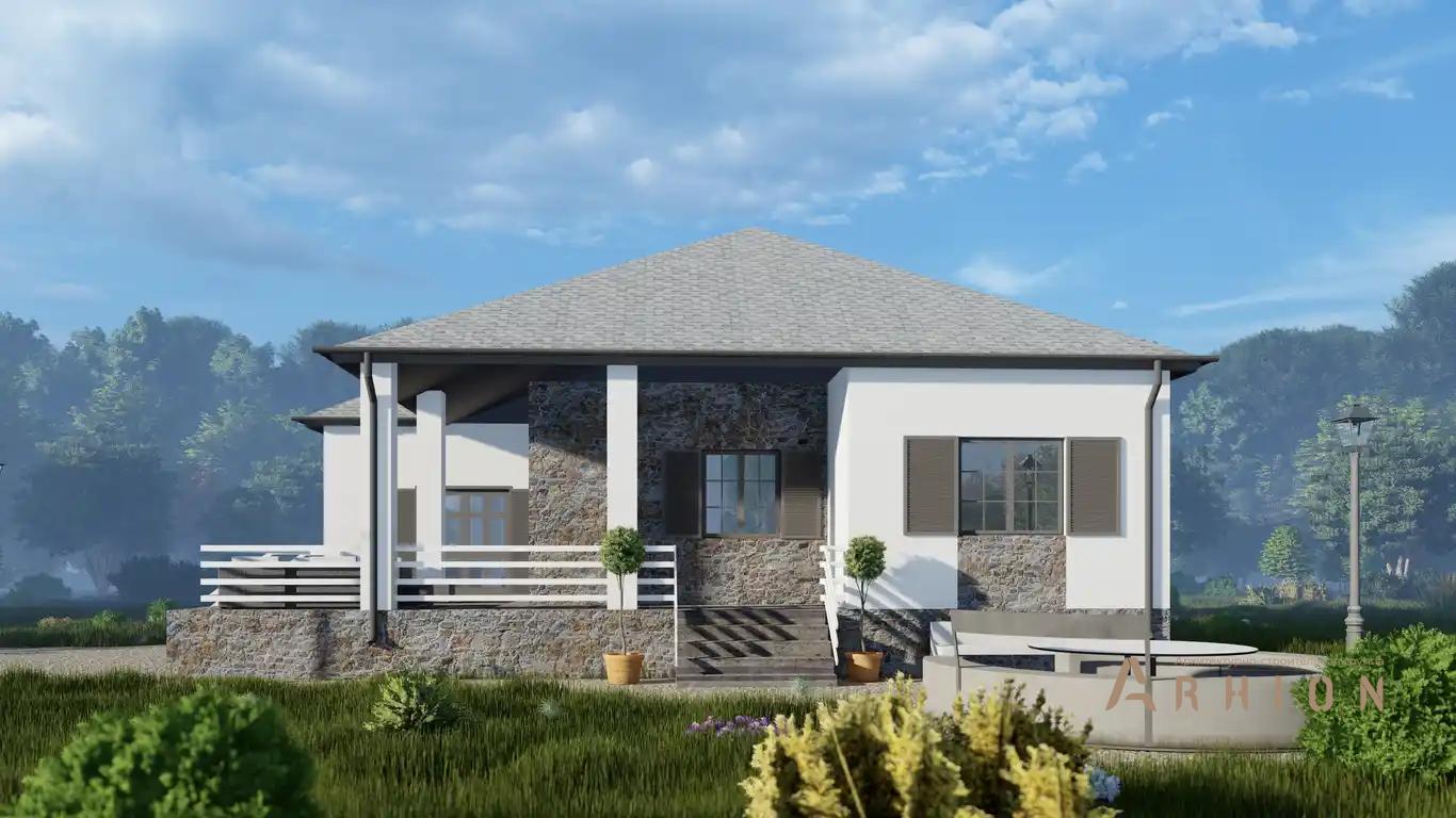 2. Проект одноэтажного дома в европейском стиле с многоскатной кровлей, h-019, площадью - 98 кв c сауной, терассой