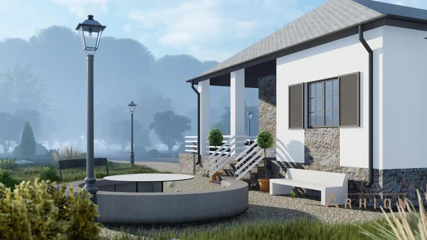 4. Проект одноэтажного дома в европейском стиле с многоскатной кровлей, h-019, площадью - 98 кв c сауной, терассой