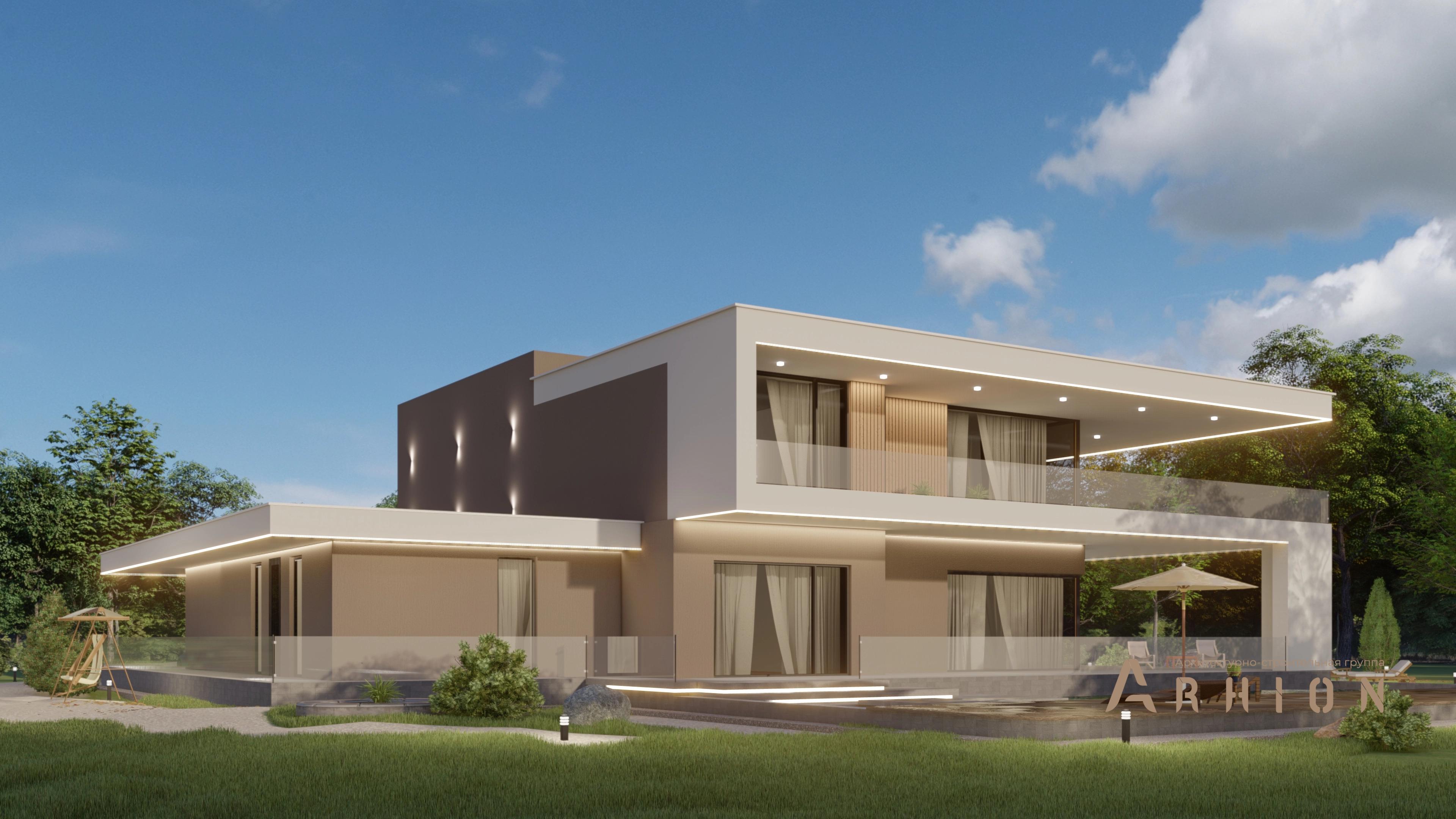 2. Проект двухэтажного дома в стиле хай-тек с плоской кровлей , H-025, площадью - 469 кв c сауной, терассой, балконом, гаражом, вторым светом