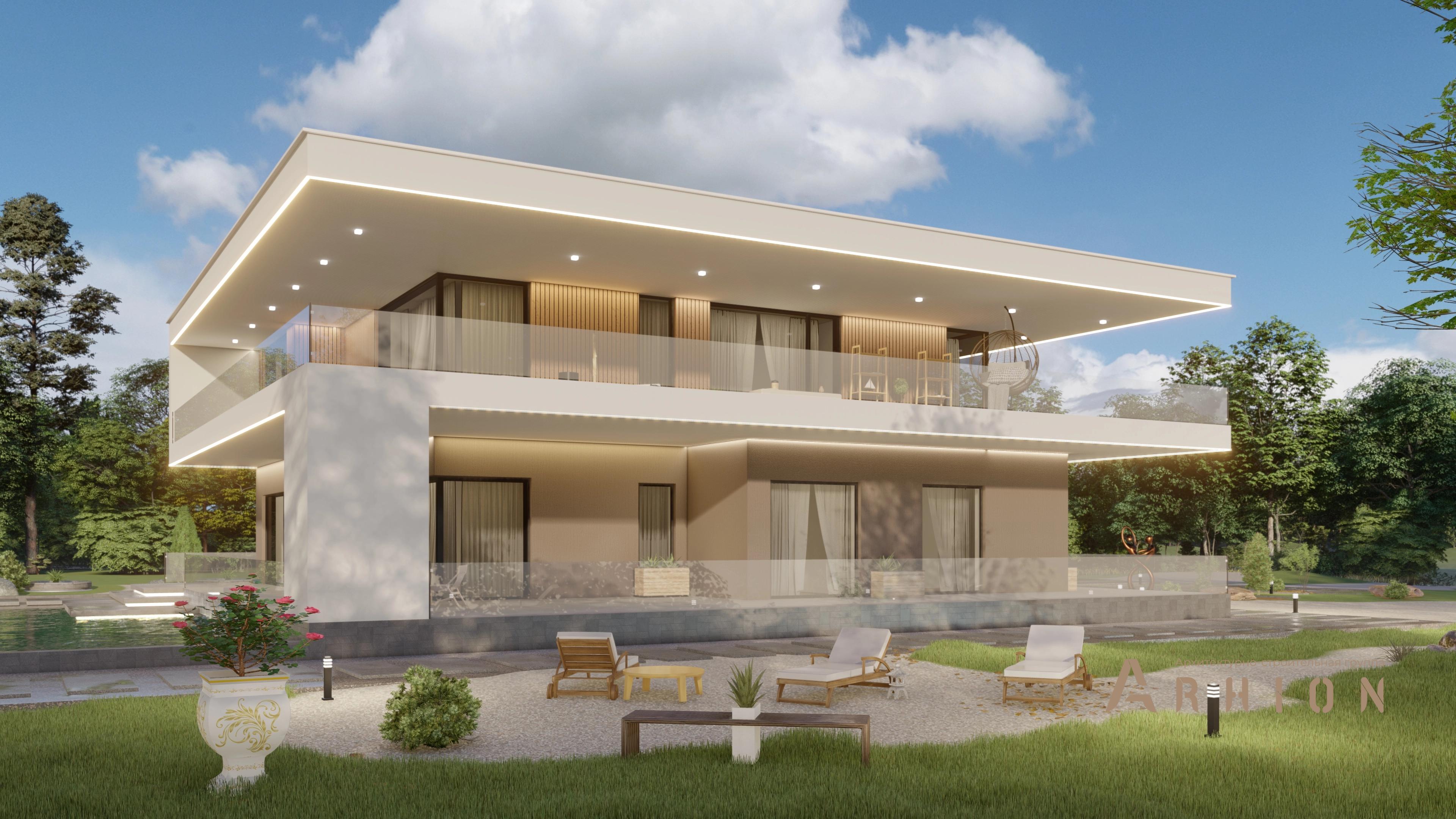 3. Проект двухэтажного дома в стиле хай-тек с плоской кровлей , H-025, площадью - 469 кв c сауной, терассой, балконом, гаражом, вторым светом