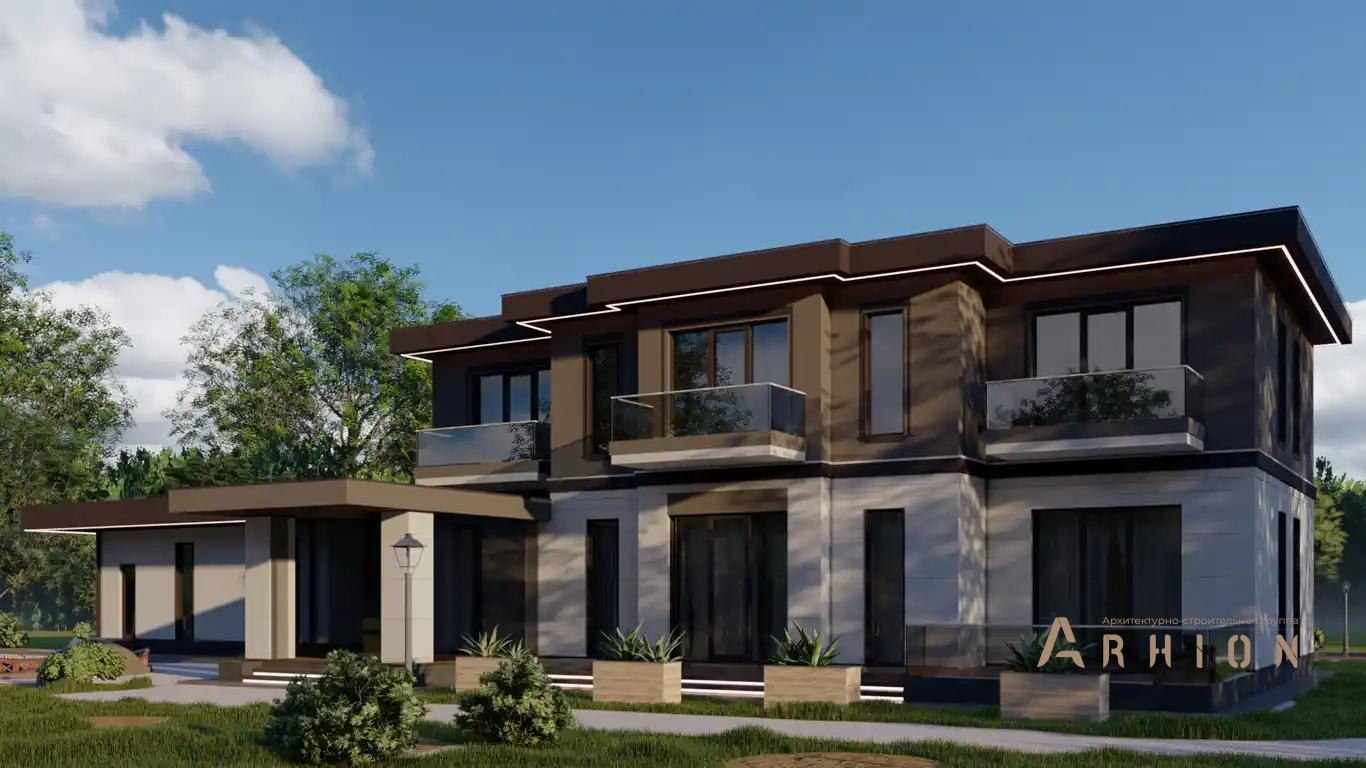 1. Проект двухэтажного дома в стиле хай-тек с плоской кровлей , H-027, площадью - 500 кв c терассой, балконом, гаражом