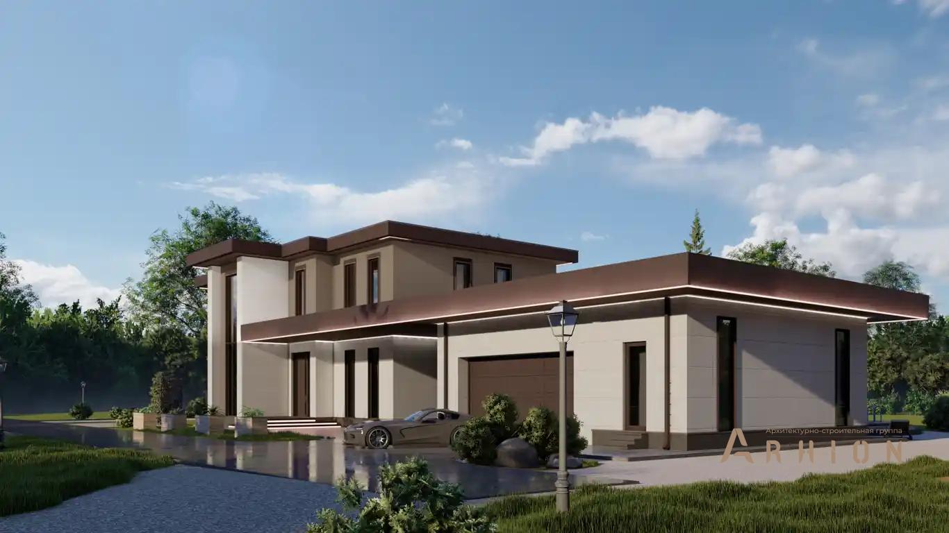 2. Проект двухэтажного дома в стиле хай-тек с плоской кровлей , H-027, площадью - 500 кв c терассой, балконом, гаражом