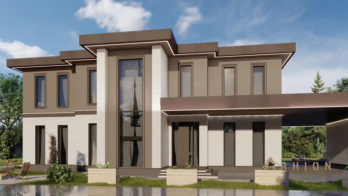 7. Проект двухэтажного дома в стиле хай-тек с плоской кровлей , H-027, площадью - 500 кв c терассой, балконом, гаражом