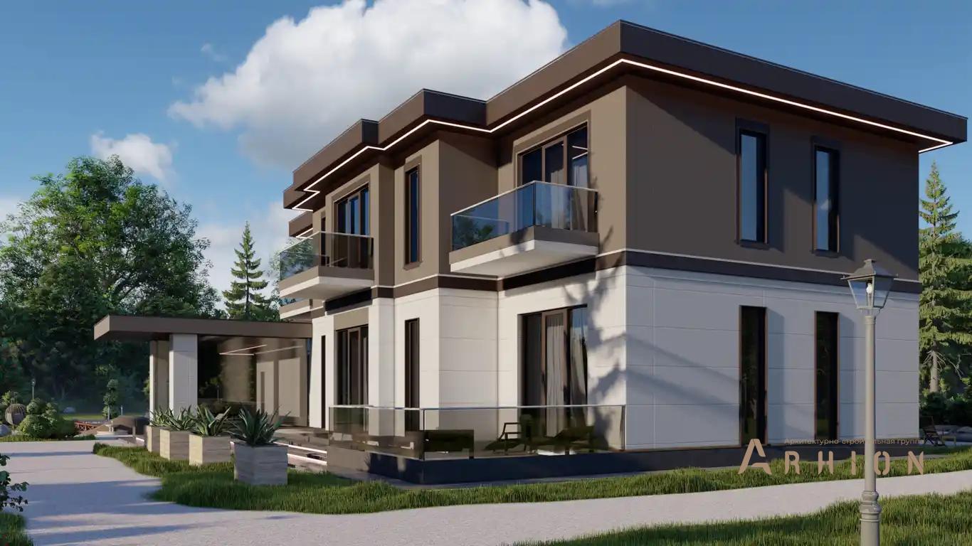 6. Проект двухэтажного дома в стиле хай-тек с плоской кровлей , H-027, площадью - 500 кв c терассой, балконом, гаражом