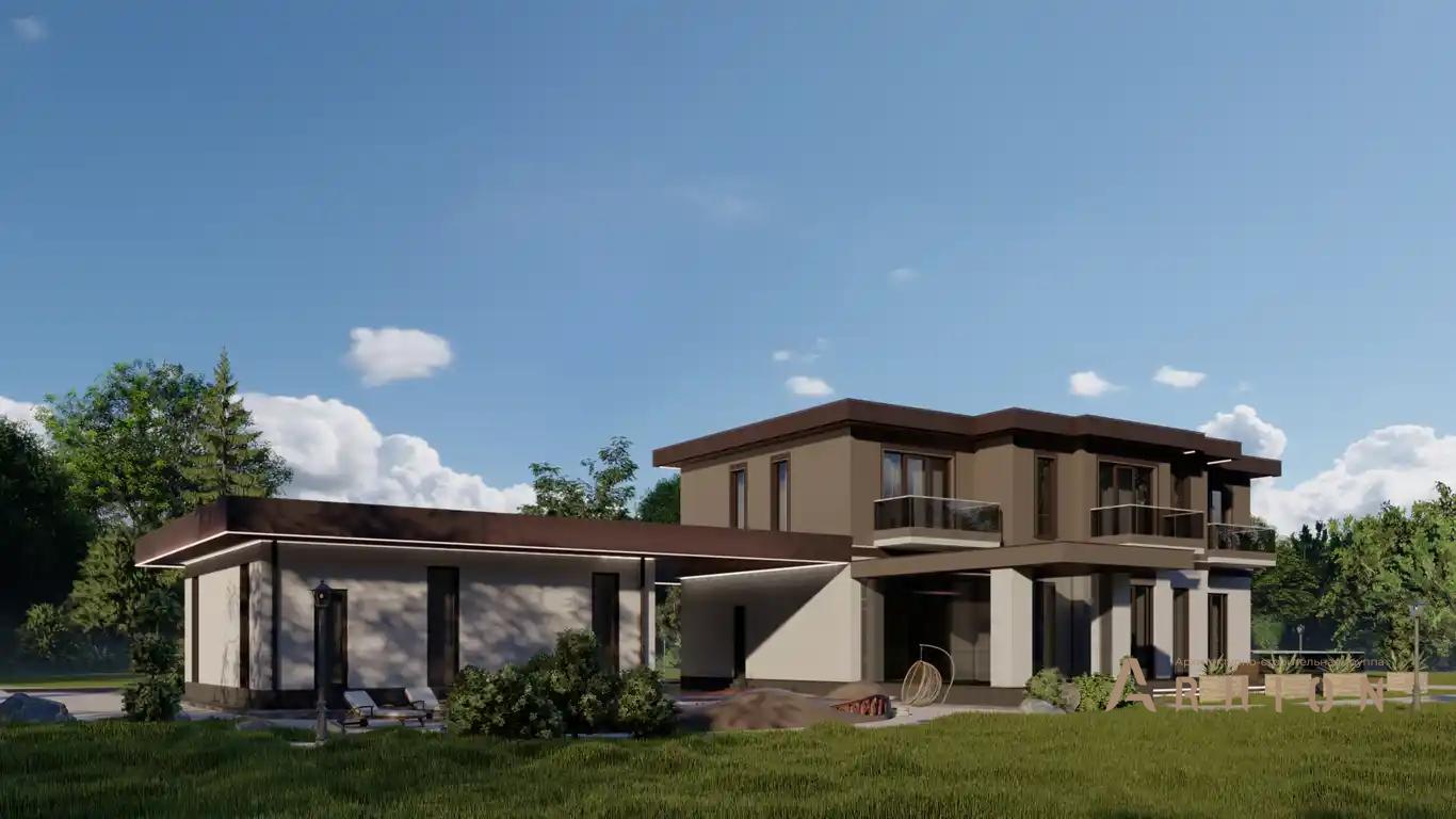 5. Проект двухэтажного дома в стиле хай-тек с плоской кровлей , H-027, площадью - 500 кв c терассой, балконом, гаражом