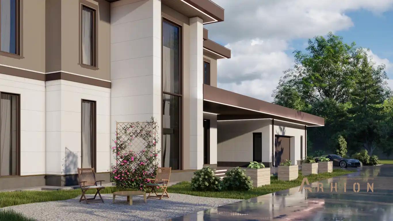 4. Проект двухэтажного дома в стиле хай-тек с плоской кровлей , H-027, площадью - 500 кв c терассой, балконом, гаражом