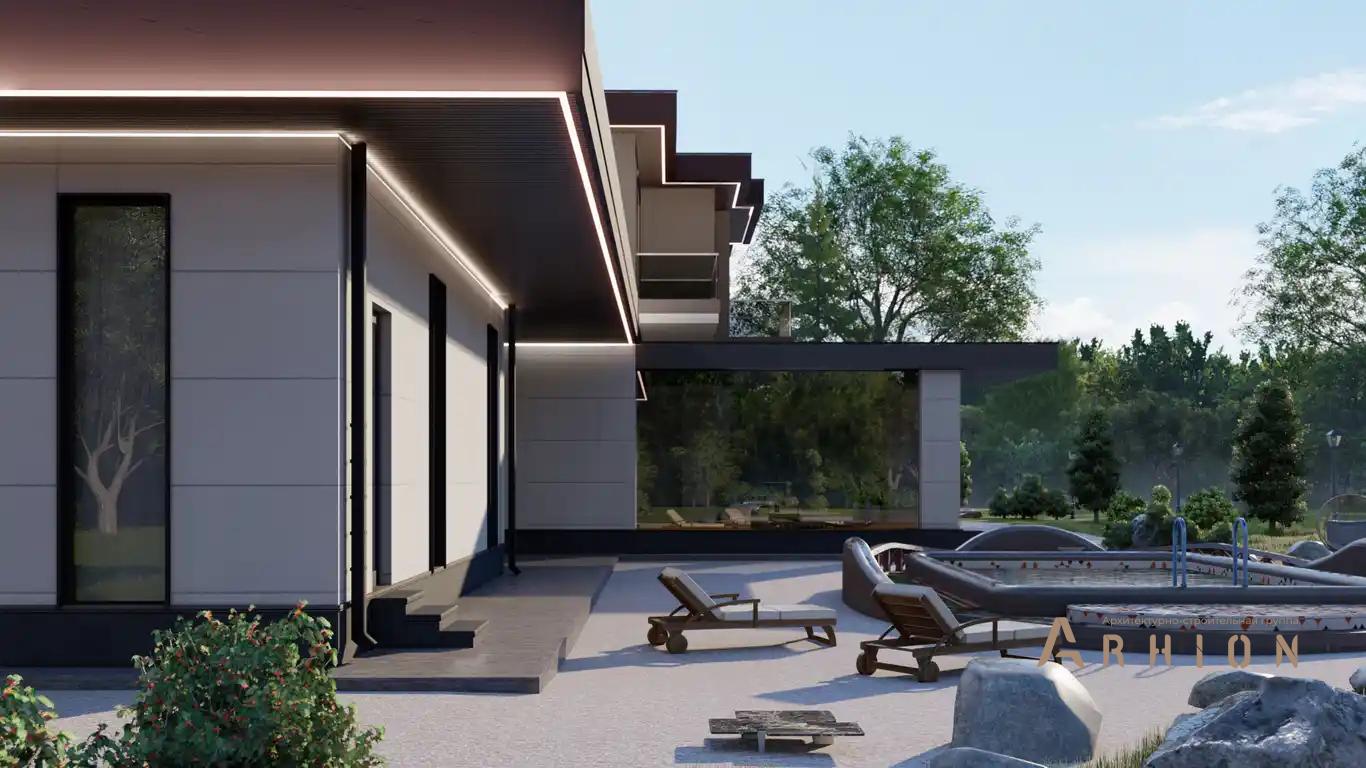 3. Проект двухэтажного дома в стиле хай-тек с плоской кровлей , H-027, площадью - 500 кв c терассой, балконом, гаражом