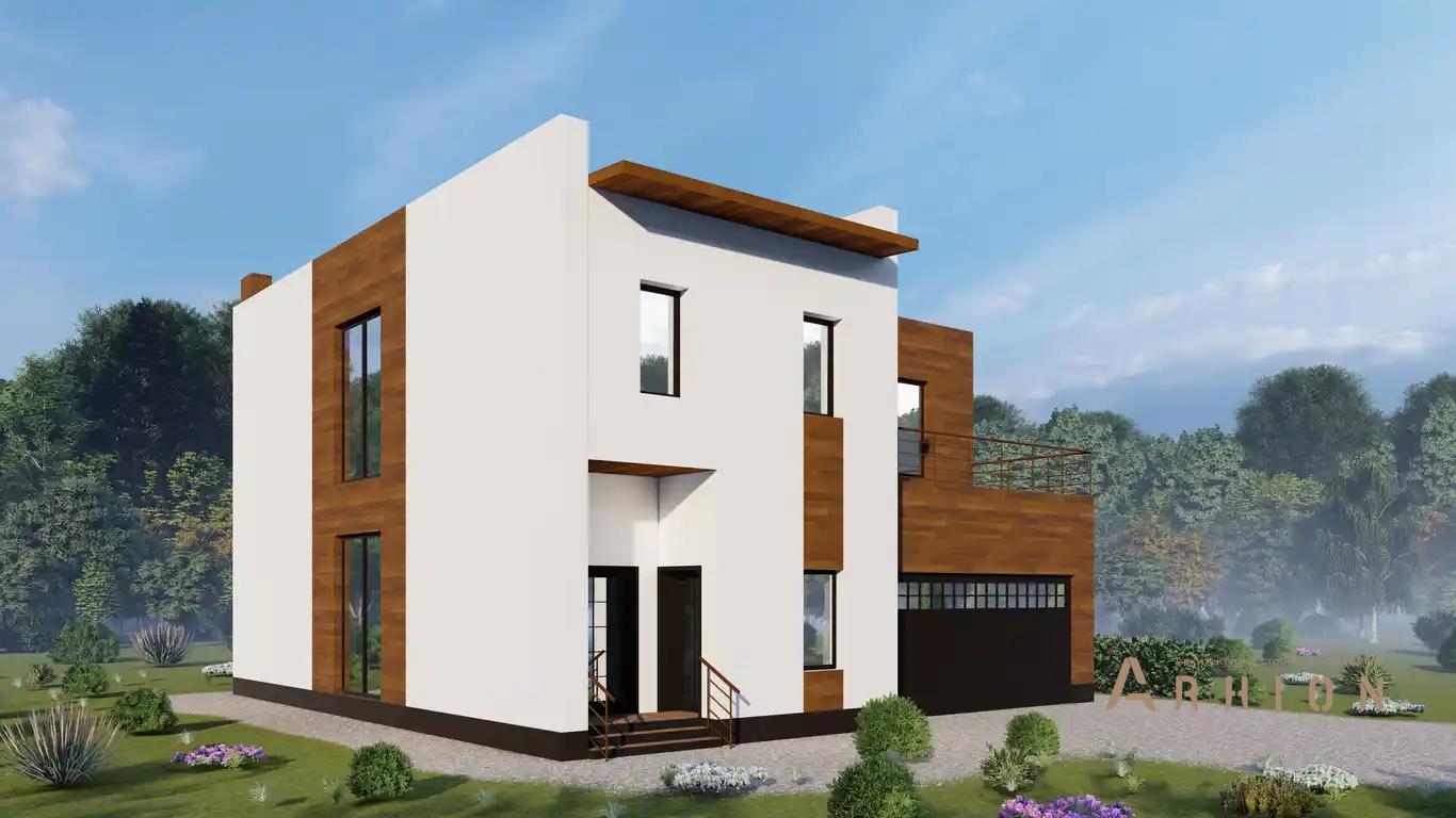 8. Проект двухэтажного дома в стиле хай-тек с плоской кровлей , H-028, площадью - 240 кв c балконом, гаражом