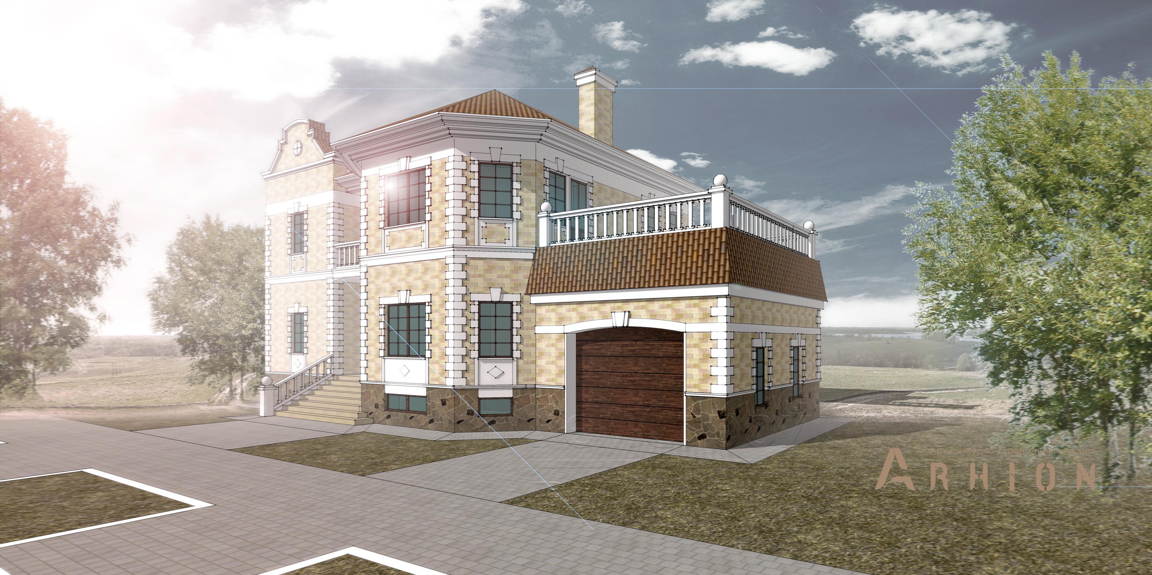 2. Проект двухэтажного дома в современном стиле с многоскатной кровлей, H-031, площадью - 420 кв c цокольным этажом, сауной, терассой, балконом, гаражом, эркером