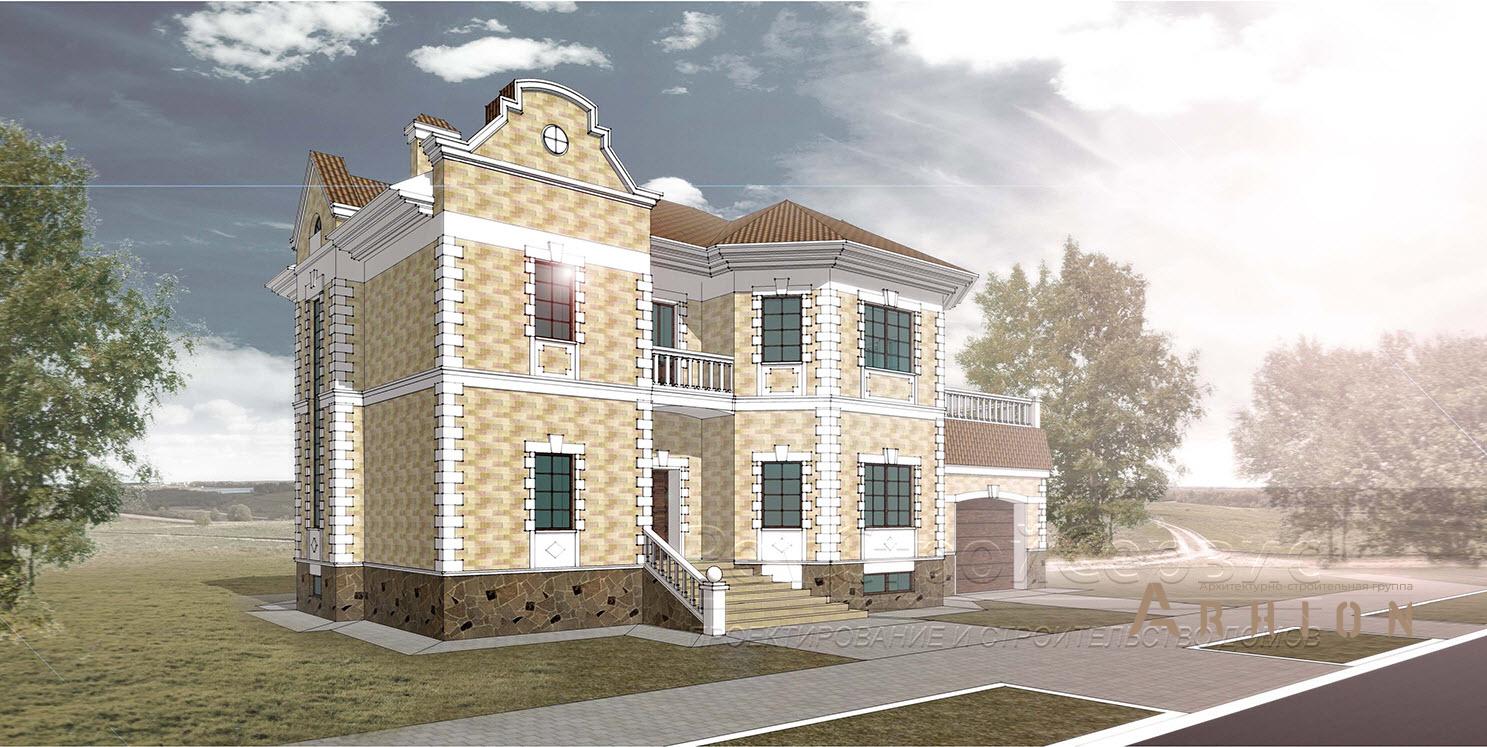 3. Проект двухэтажного дома в современном стиле с многоскатной кровлей, H-031, площадью - 420 кв c цокольным этажом, сауной, терассой, балконом, гаражом, эркером