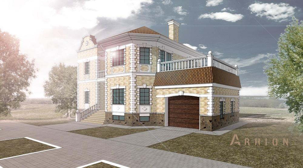 1. Проект двухэтажного дома в современном стиле с многоскатной кровлей, H-031, площадью - 420 кв c цокольным этажом, сауной, терассой, балконом, гаражом, эркером