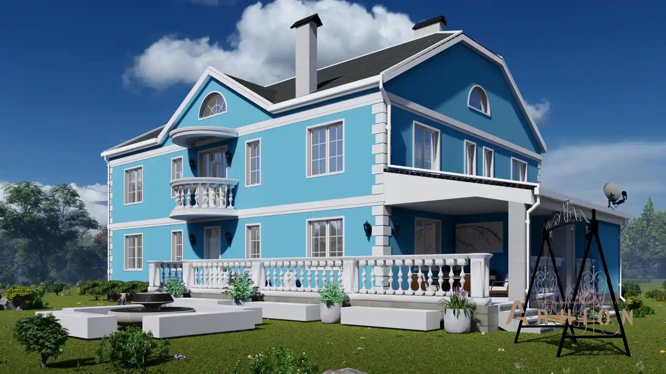 1. Проект двухэтажного дома в классическом стиле с многоскатной кровлей, H-037, площадью - 328 кв c терассой, балконом