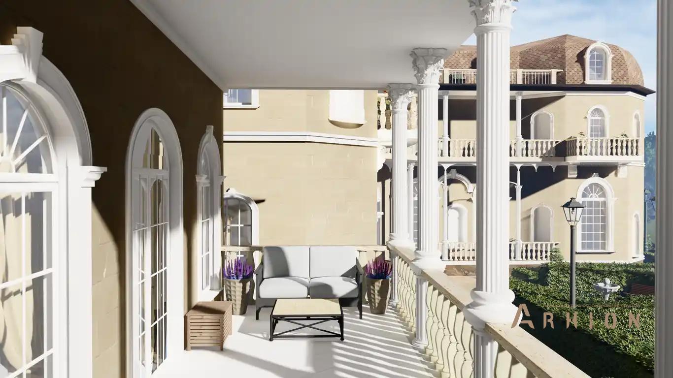 4. Проект двухэтажного дома в дворцовом стиле с многоскатной кровлей, H-046, площадью - 1685 кв c цокольным этажом, мансардой, сауной, терассой, балконом, гаражом, эркером