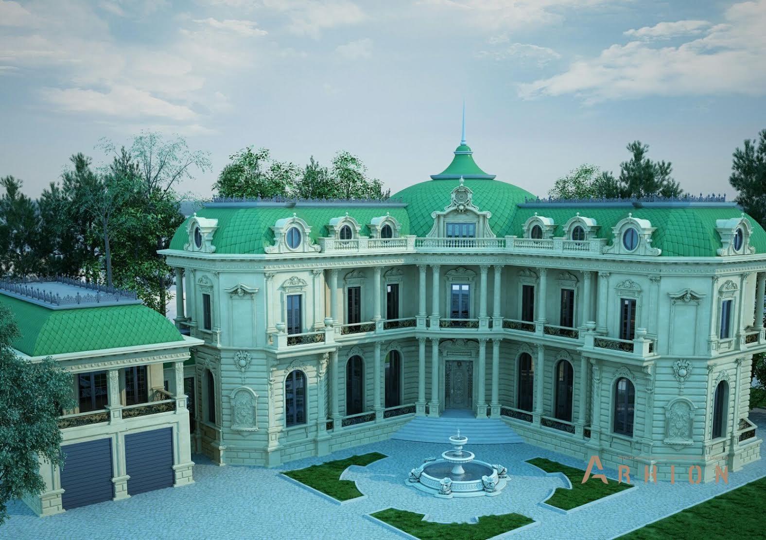 2. Проект двухэтажного дома в дворцовом стиле с многоскатной кровлей, H-046, площадью - 1685 кв c цокольным этажом, мансардой, сауной, терассой, балконом, гаражом, эркером