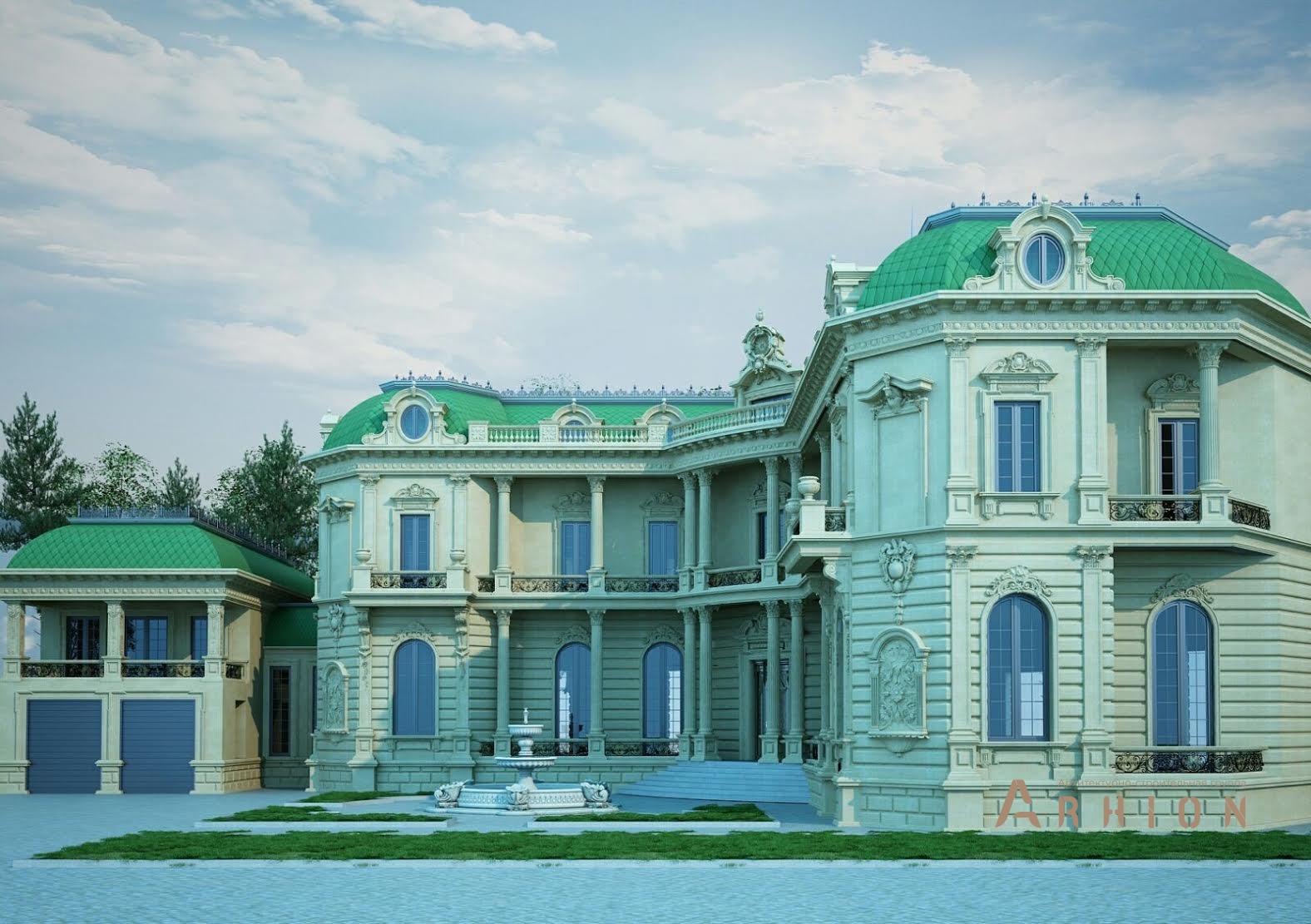 3. Проект двухэтажного дома в дворцовом стиле с многоскатной кровлей, H-046, площадью - 1685 кв c цокольным этажом, мансардой, сауной, терассой, балконом, гаражом, эркером