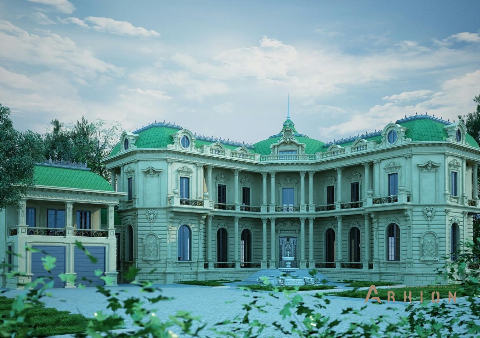 1. Проект двухэтажного дома в дворцовом стиле с многоскатной кровлей, H-046, площадью - 1685 кв c цокольным этажом, мансардой, сауной, терассой, балконом, гаражом, эркером