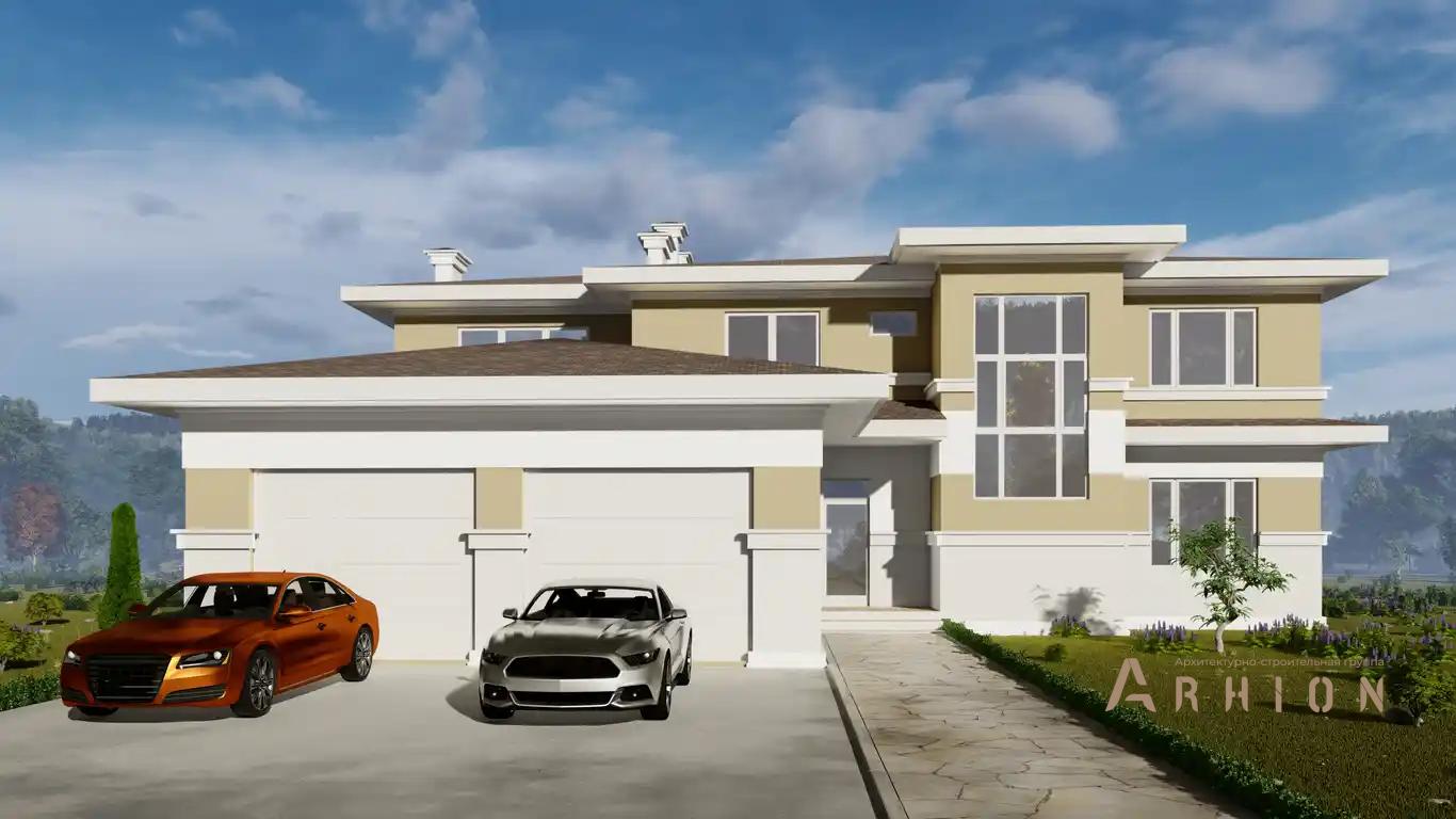 1. Проект двухэтажного дома в стиле Ллойда Райта (прерий) с четырехскатной, h-047, площадью - 426 кв c сауной, терассой, балконом, гаражом