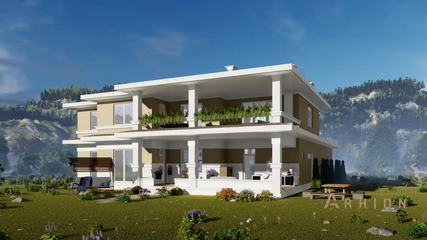 7. Проект двухэтажного дома в стиле Ллойда Райта (прерий) с четырехскатной, h-047, площадью - 426 кв c сауной, терассой, балконом, гаражом