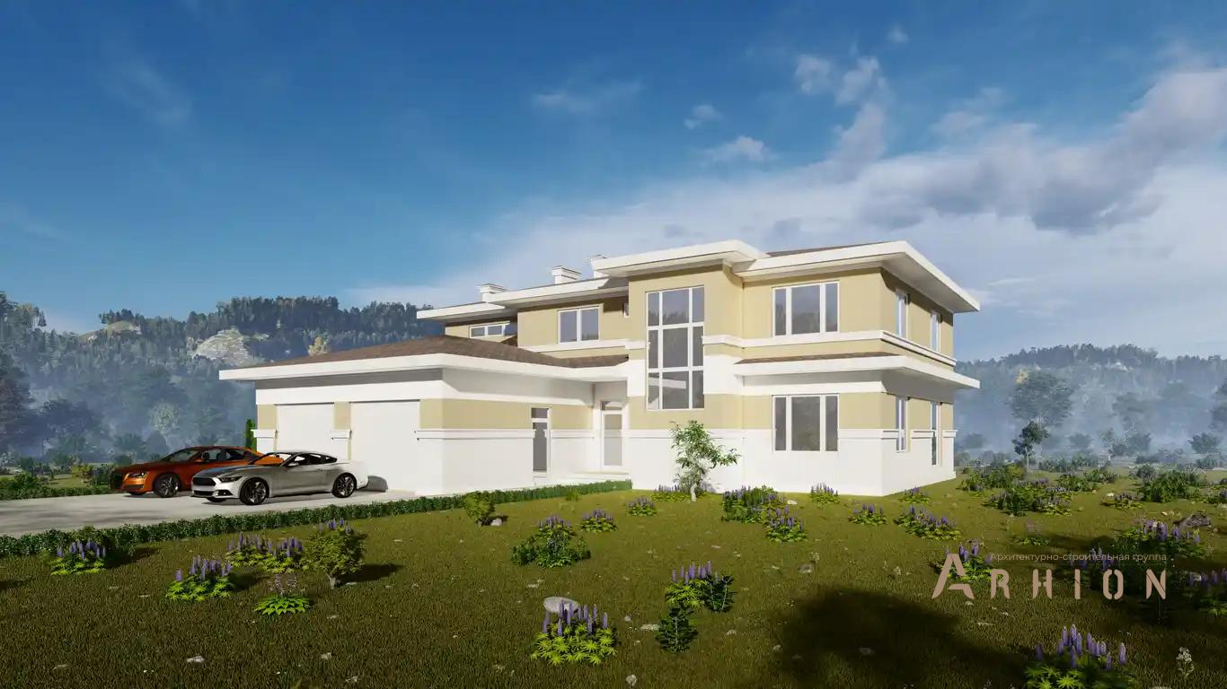 4. Проект двухэтажного дома в стиле Ллойда Райта (прерий) с четырехскатной, h-047, площадью - 426 кв c сауной, терассой, балконом, гаражом