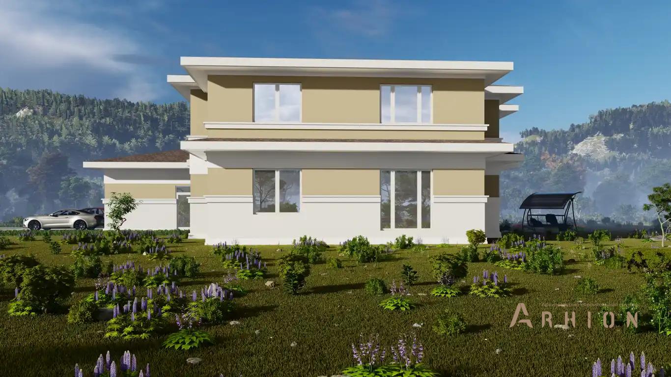 6. Проект двухэтажного дома в стиле Ллойда Райта (прерий) с четырехскатной, h-047, площадью - 426 кв c сауной, терассой, балконом, гаражом