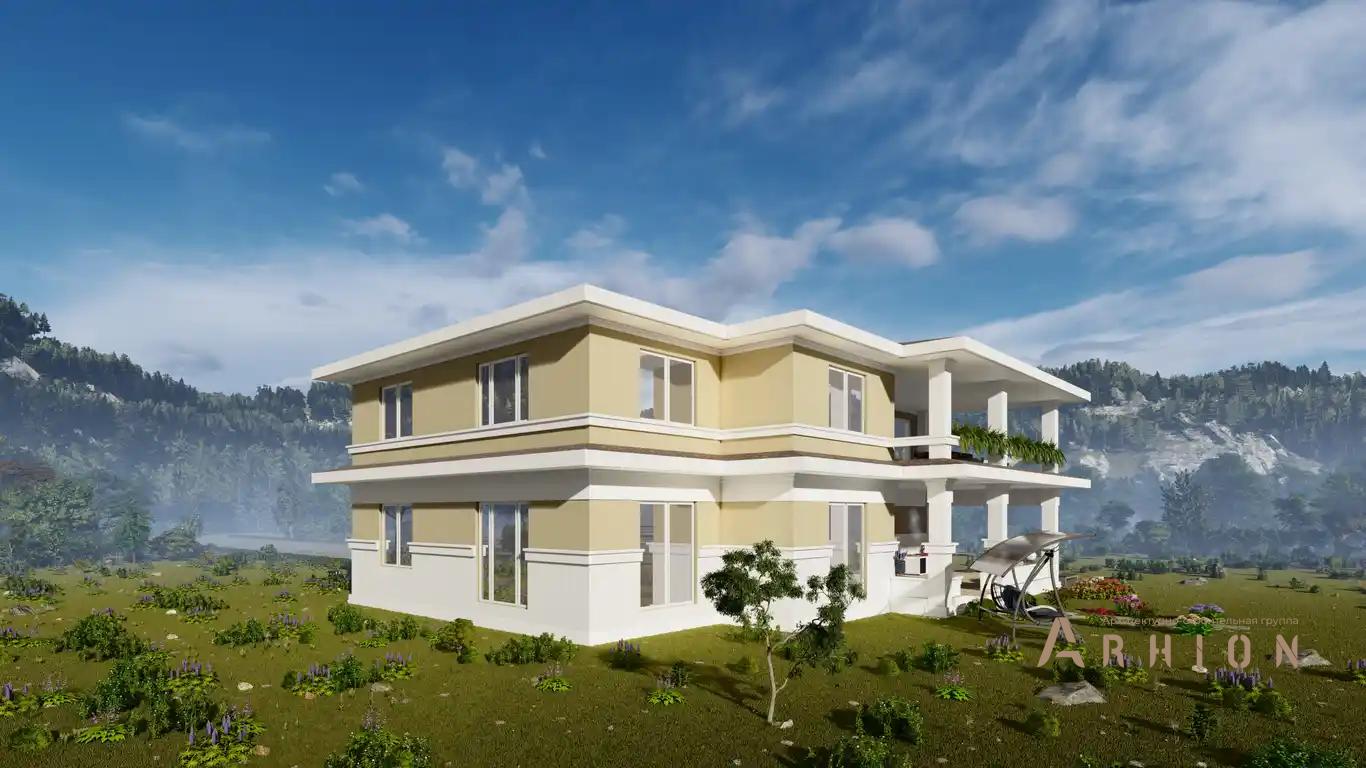 5. Проект двухэтажного дома в стиле Ллойда Райта (прерий) с четырехскатной, h-047, площадью - 426 кв c сауной, терассой, балконом, гаражом