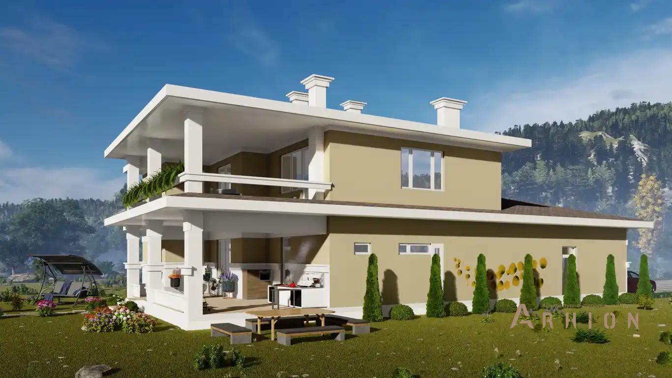 3. Проект двухэтажного дома в стиле Ллойда Райта (прерий) с четырехскатной, h-047, площадью - 426 кв c сауной, терассой, балконом, гаражом