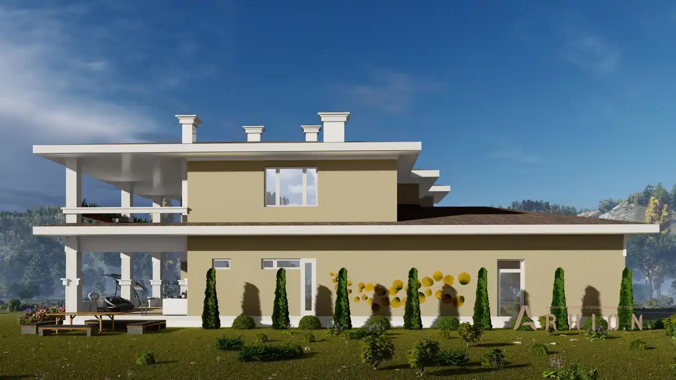 2. Проект двухэтажного дома в стиле Ллойда Райта (прерий) с четырехскатной, h-047, площадью - 426 кв c сауной, терассой, балконом, гаражом