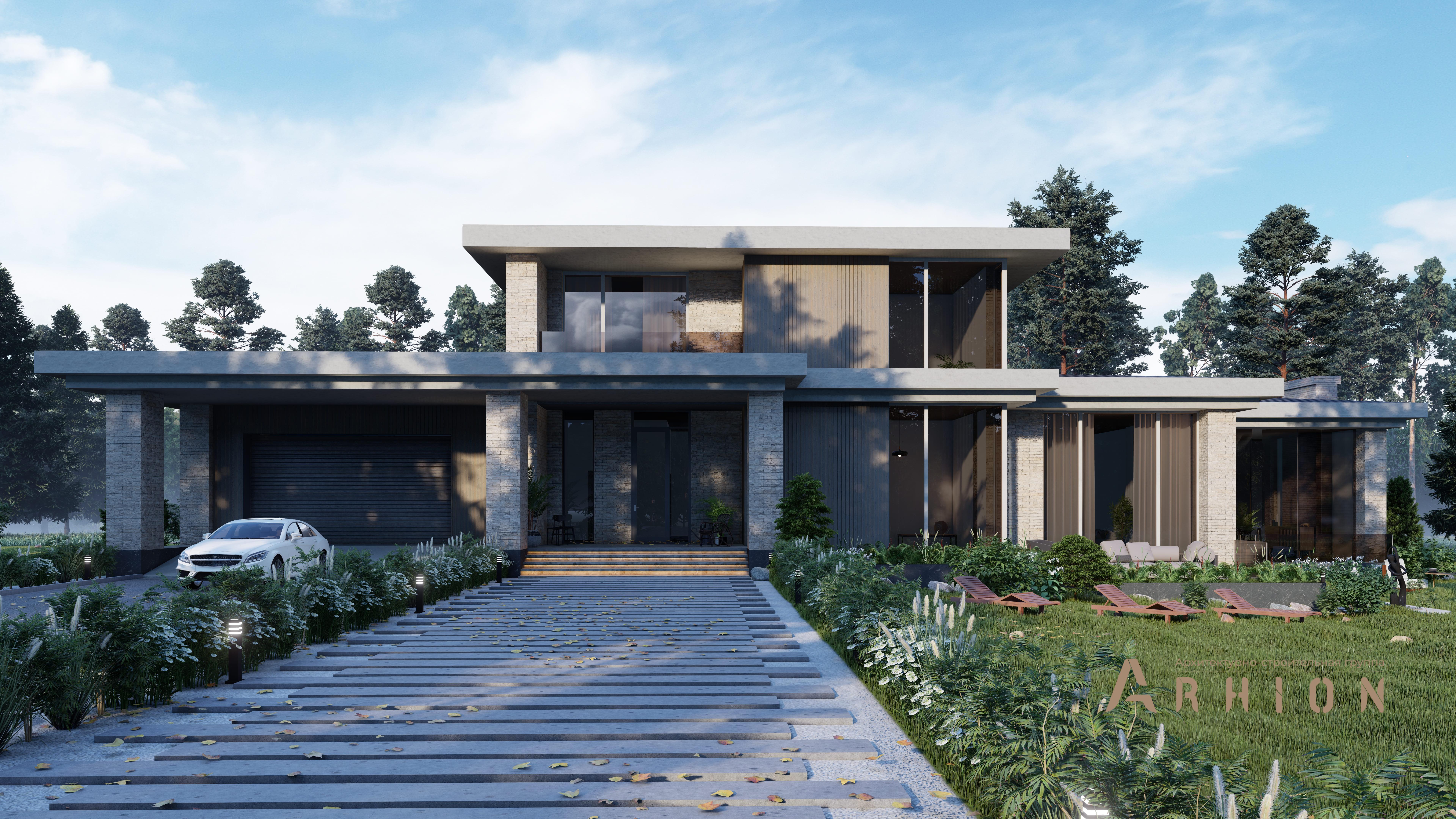 1. Проект двухэтажного дома в стиле хай-тек с плоской кровлей , H-048, площадью - 589 кв c терассой, балконом, гаражом