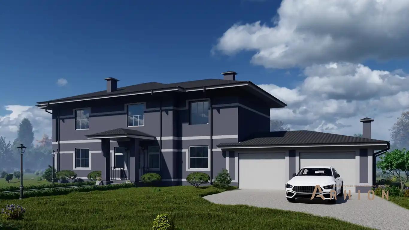 1. Проект двухэтажного дома в стиле Ллойда Райта (прерий) с многоскатной кровлей, H-050, площадью - 291 кв c терассой, балконом, гаражом