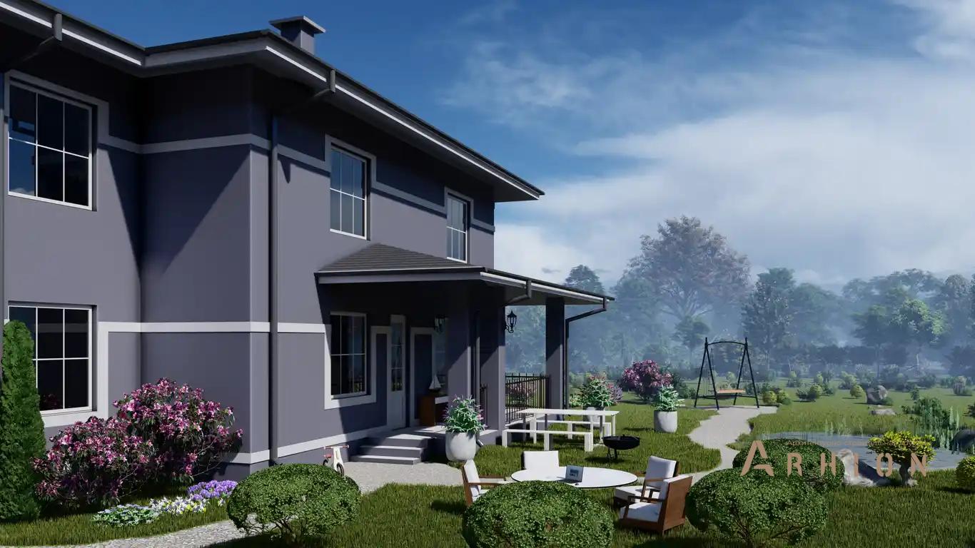 4. Проект двухэтажного дома в стиле Ллойда Райта (прерий) с многоскатной кровлей, H-050, площадью - 291 кв c терассой, балконом, гаражом