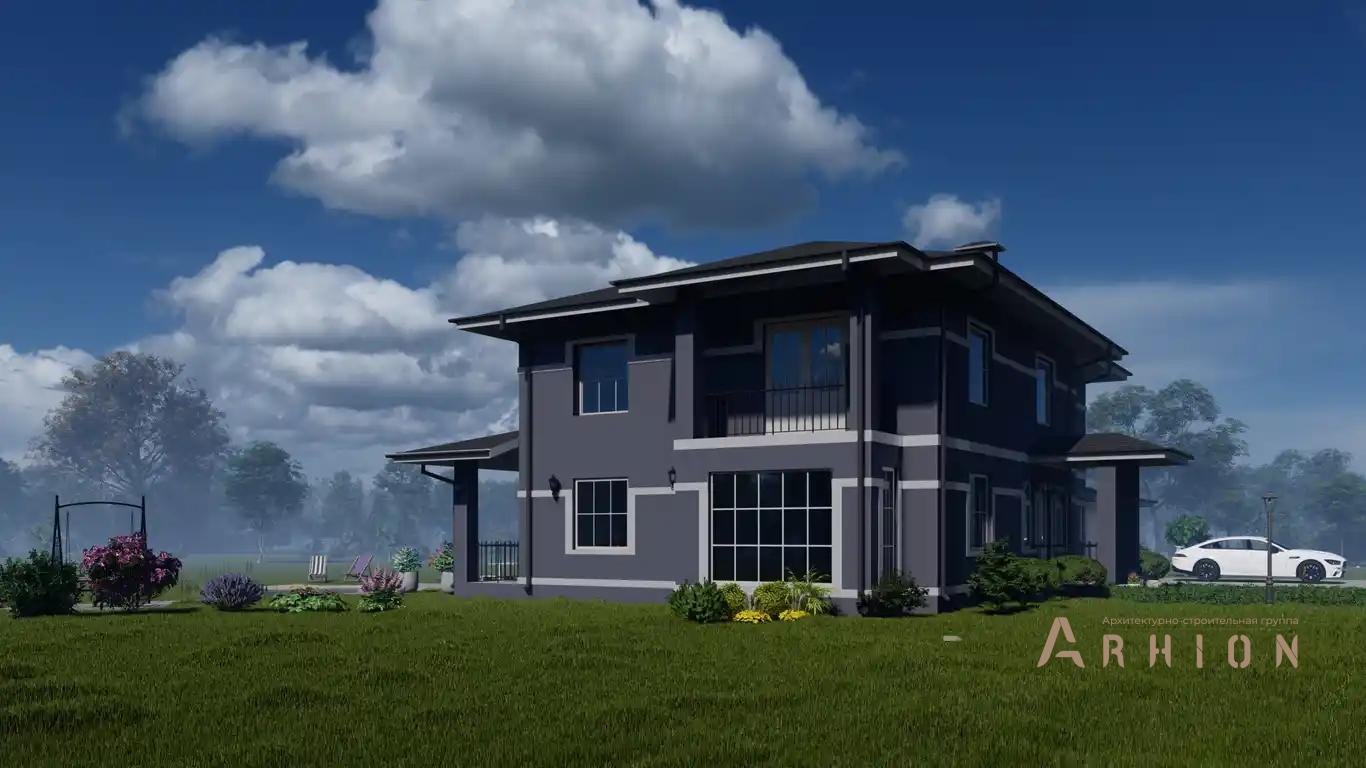 3. Проект двухэтажного дома в стиле Ллойда Райта (прерий) с многоскатной кровлей, H-050, площадью - 291 кв c терассой, балконом, гаражом