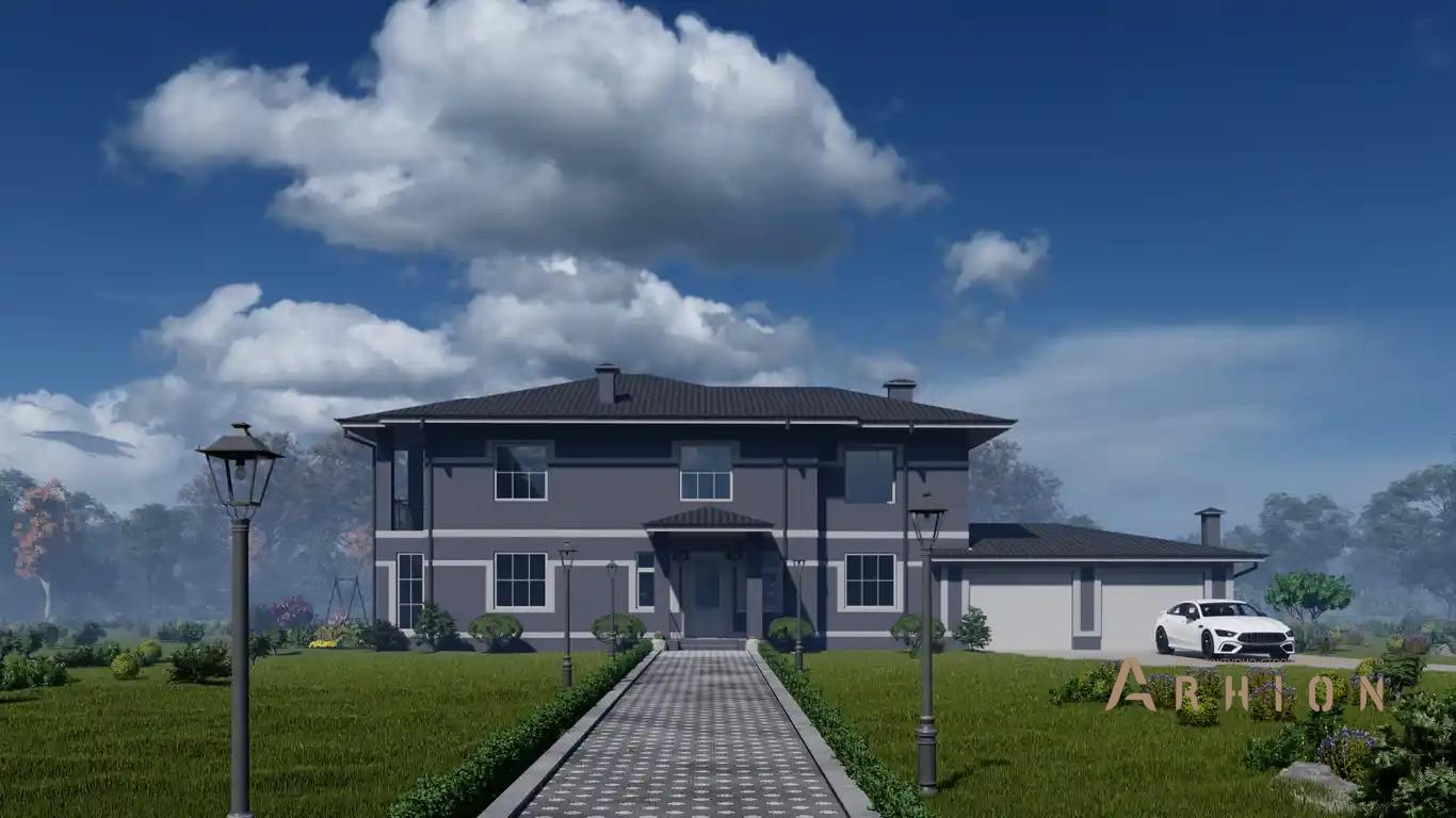 8. Проект двухэтажного дома в стиле Ллойда Райта (прерий) с многоскатной кровлей, H-050, площадью - 291 кв c терассой, балконом, гаражом