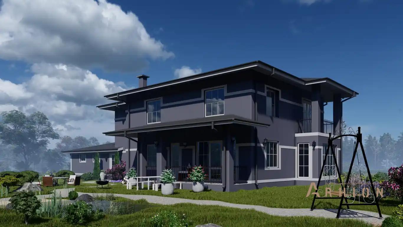 10. Проект двухэтажного дома в стиле Ллойда Райта (прерий) с многоскатной кровлей, H-050, площадью - 291 кв c терассой, балконом, гаражом