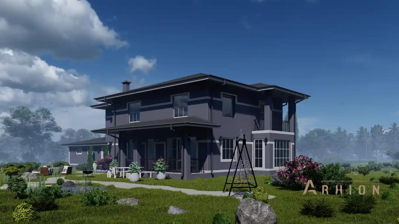 2. Проект двухэтажного дома в стиле Ллойда Райта (прерий) с многоскатной кровлей, H-050, площадью - 291 кв c терассой, балконом, гаражом