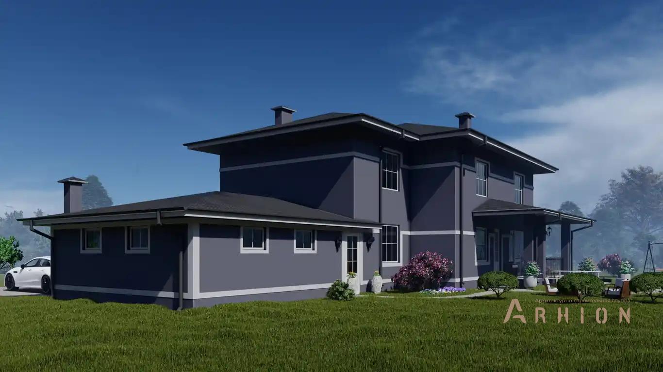 6. Проект двухэтажного дома в стиле Ллойда Райта (прерий) с многоскатной кровлей, H-050, площадью - 291 кв c терассой, балконом, гаражом