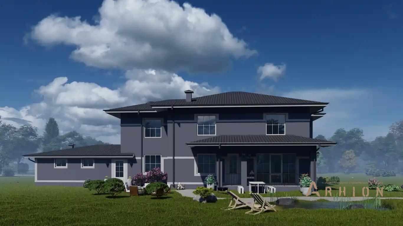 5. Проект двухэтажного дома в стиле Ллойда Райта (прерий) с многоскатной кровлей, H-050, площадью - 291 кв c терассой, балконом, гаражом