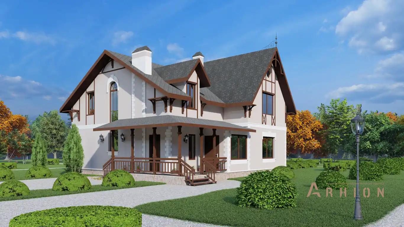 1. Проект одноэтажного дома в английском стиле с многоскатной кровлей, H-051, площадью - 204 кв c мансардой, балконом, эркером